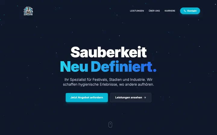 Startseite eines Reinigungsunternehmens mit dem Knopf „Jetzt Angebot anfordern“