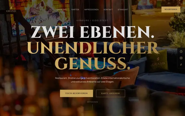 Startseite eines Restaurants mit dem Knopf „Tisch reservieren“
