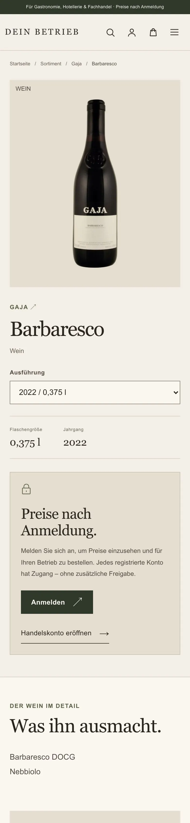 Produktseite eines B2B-Weinshops auf dem Handy: Wein mit Ausführung und Jahrgang, Preise erst nach Anmeldung (anonymisiert)